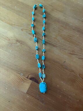 Vintage Ladies' Hand Carved Baked Turquoise Glaze Egyptian Scarab Necklace